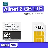 Mobilfunktarif Allnet 6 GB - LTE Internet Flat, Allnet Flat Telefonie & SMS, EU-Roaming, monatlich kündbar
