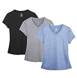 icyzone Damen Sport Fitness T-Shirt Kurzarm V-Ausschnitt Laufshirt Shortsleeve Yoga Top 3er Pack (S, Black/Granite/Blue/)
