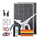 Solar-Wind-Set 600 W, 12 V, komplettes Set mit 2000 W Wechselrichter: 1 x 400 W Windturbinengenerator und 2 x 100 W Mono-Solarmodul, hohe Effizienz, PWM-Laderegler und Kabel und Halterung