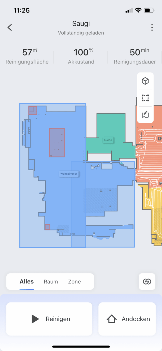 Roborock S7 Smartphone App Ansicht Kartierung der Wohnung mit Zimmereinteilung, wischfreien Zonen und No-Go-Zonen